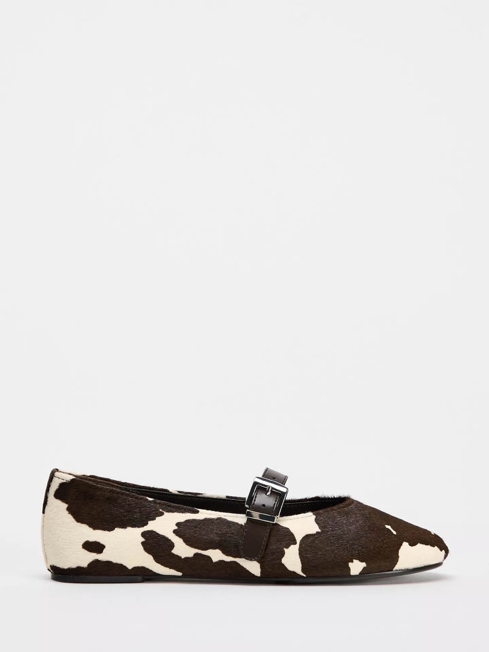 Zara Brown and White Cow Print Mary Jane Flats